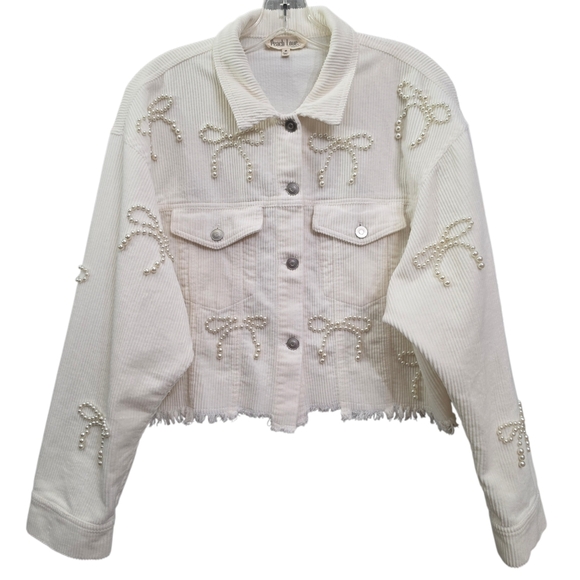 Nwot Peach Love Ivory Cordoroy Pearl Bows Cropped Raw Edge Collared Jacket - Picture 3 of 17
